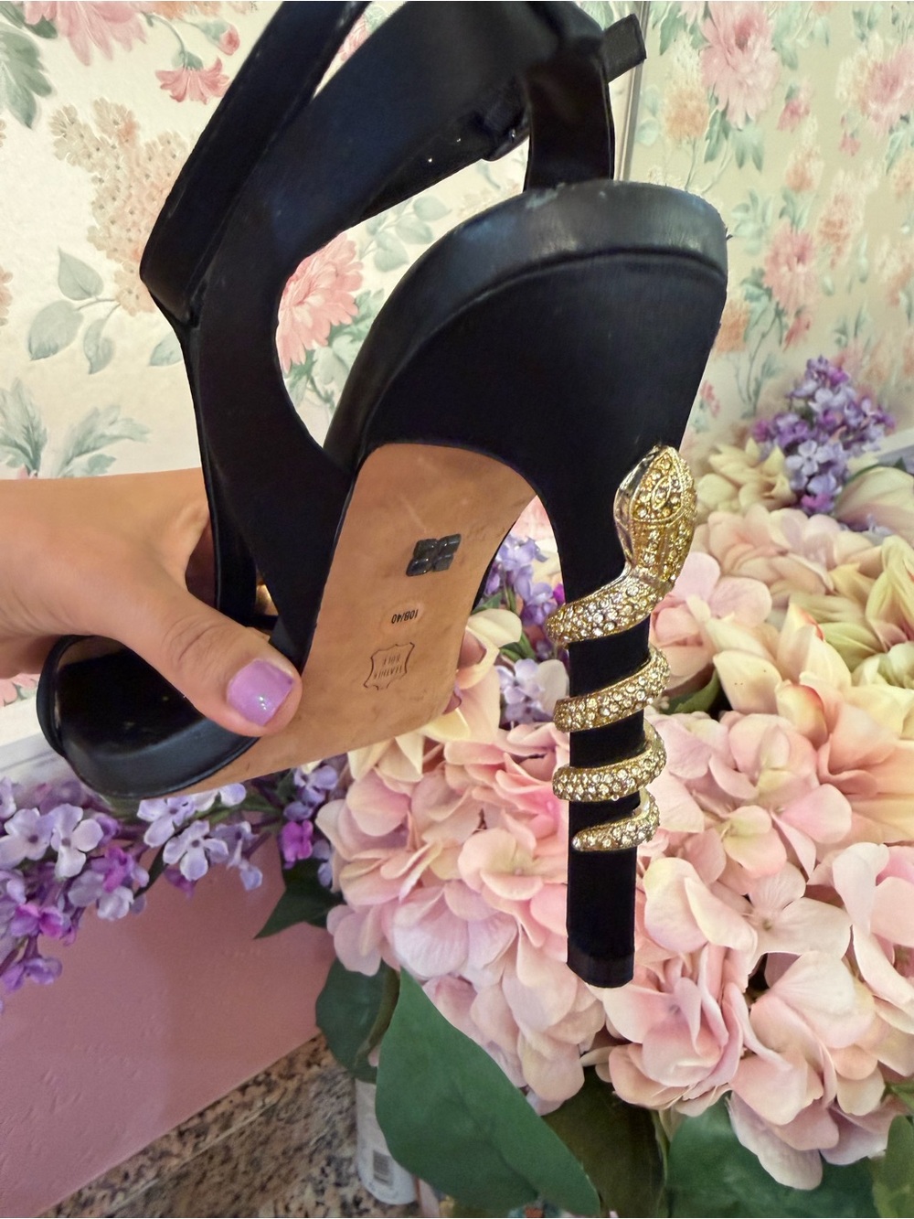 BCBGMaxAzria Black Strappy High Heels with Gold Embellished Heel - Picture 5 of 7